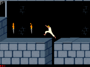 Capture de Prince of Persia sur DOS montrant le héros en plein saut dans un donjon.