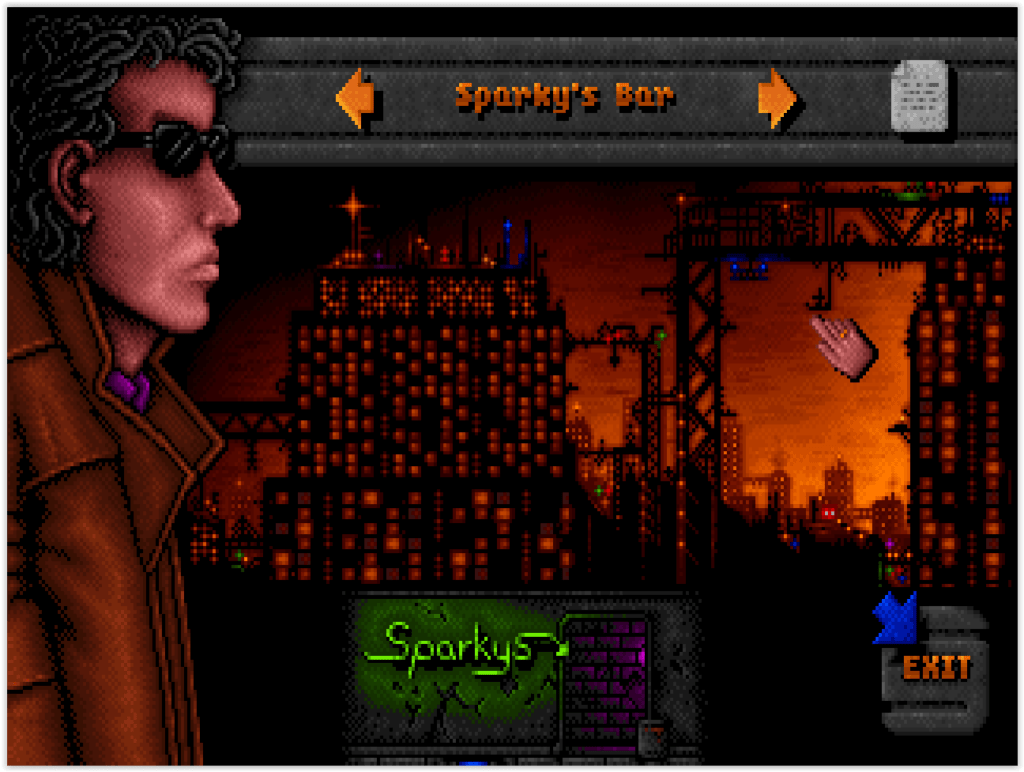 Scène sombre de DreamWeb sur DOS avec ambiance cyberpunk
