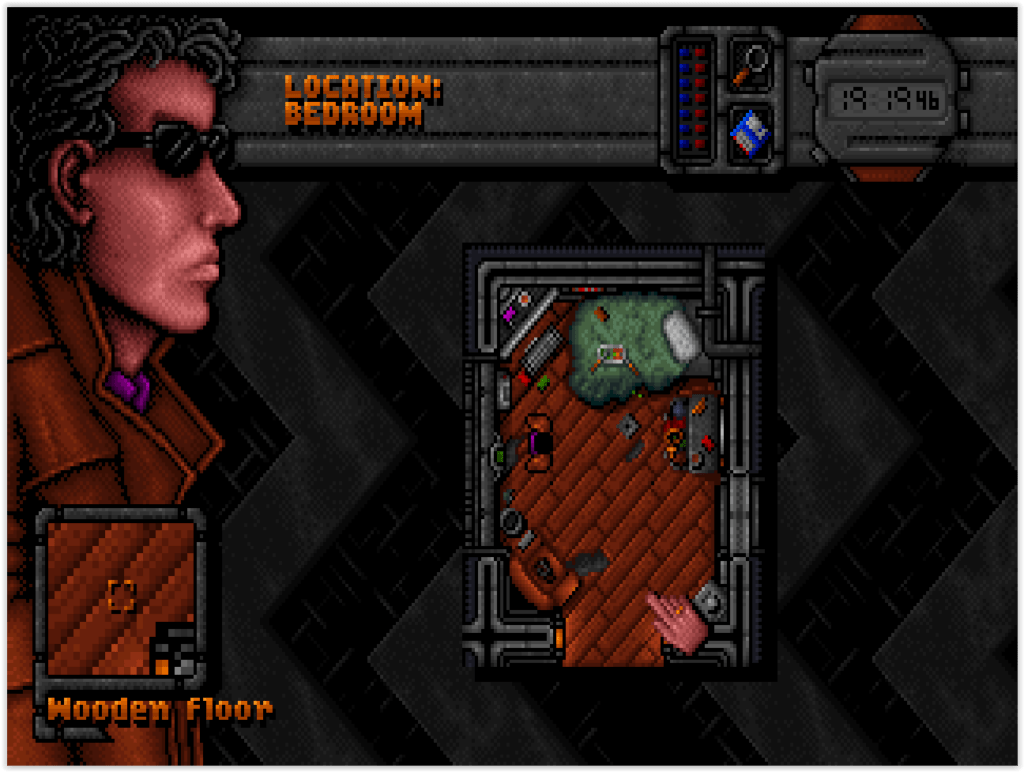 Décor cyberpunk sombre dans DreamWeb sur DOS