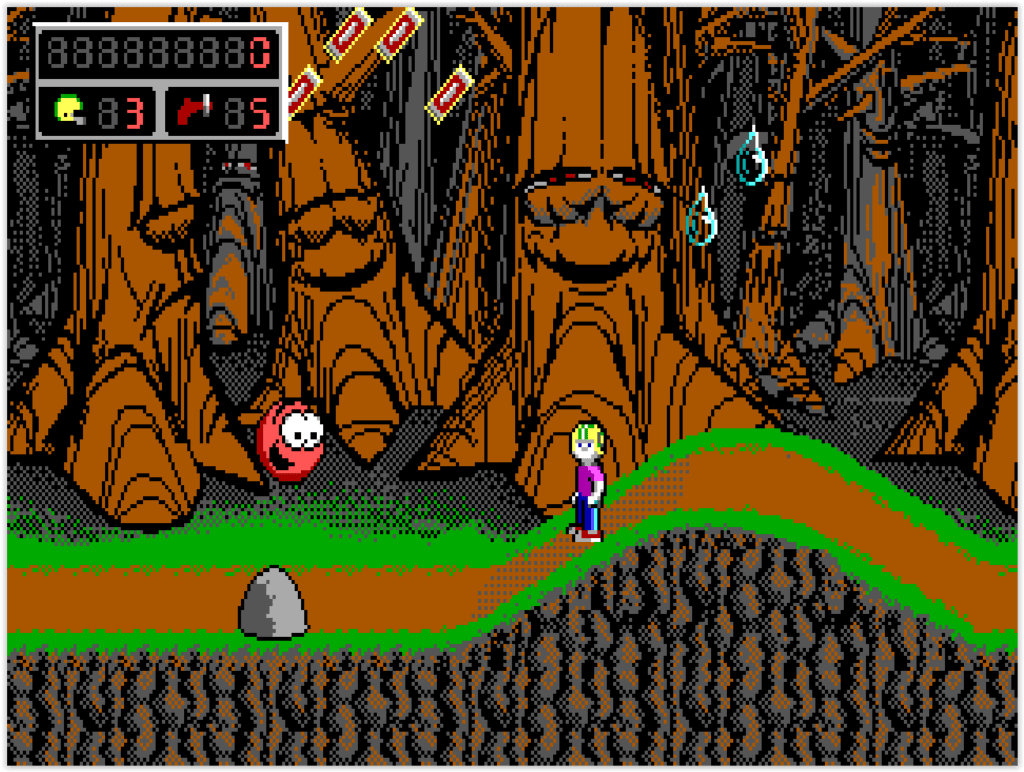 Commander Keen 4 Secret of the Oracle sur DOS avec un décor coloré et des ennemis aliens