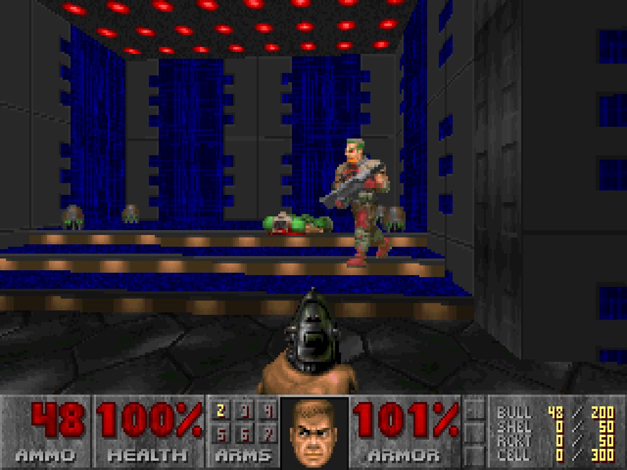 Combat dans Doom sur DOS avec des démons dans une base martienne
