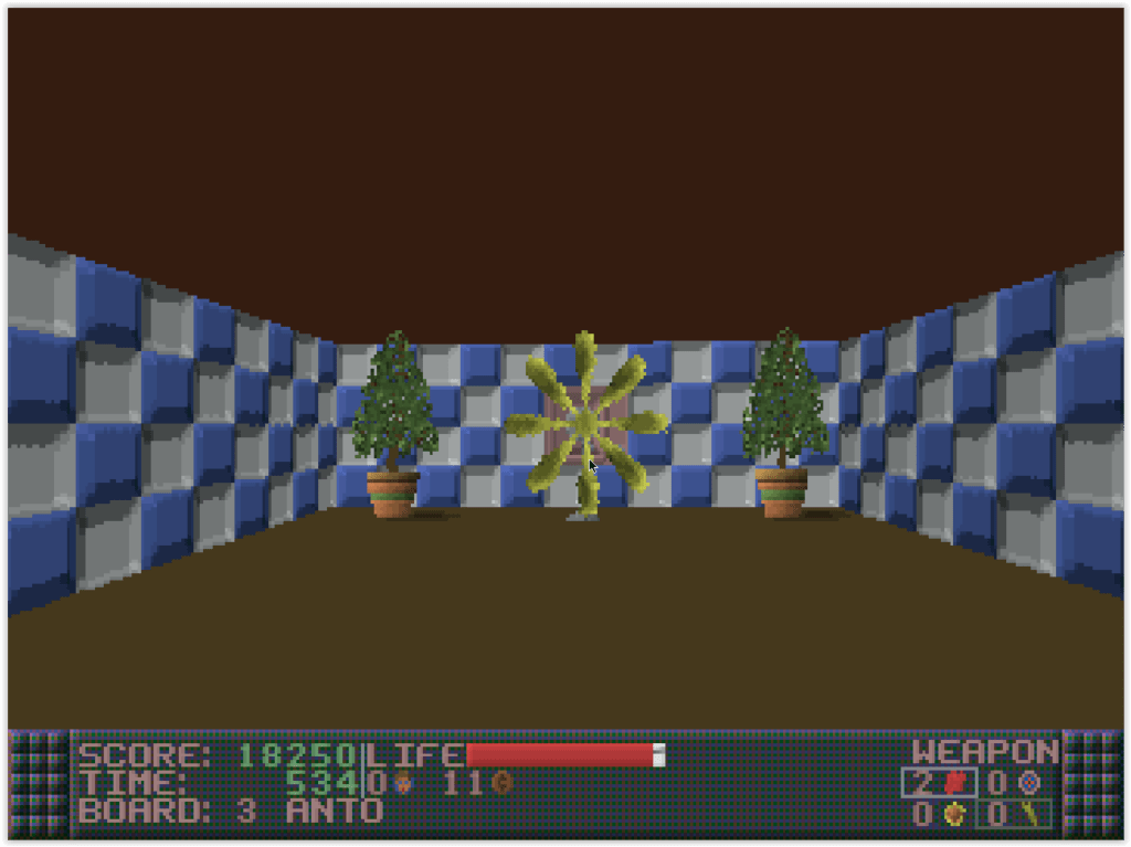 Couloir dans Ken's Labyrinth sur DOS avec un monstre dans un labyrinthe