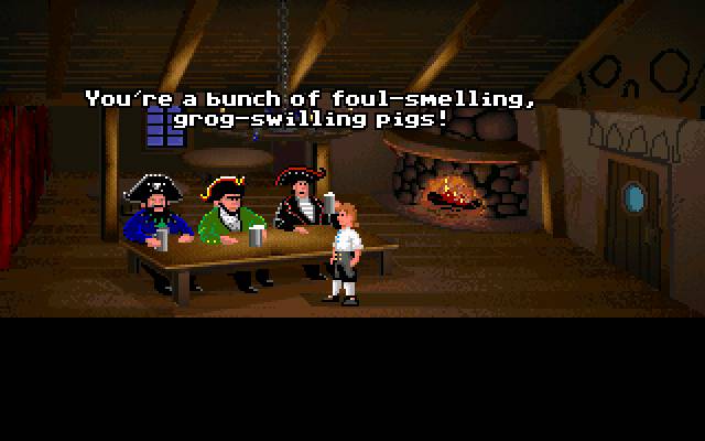 Décor pirate de The Secret of Monkey Island sur DOS avec taverne ou village