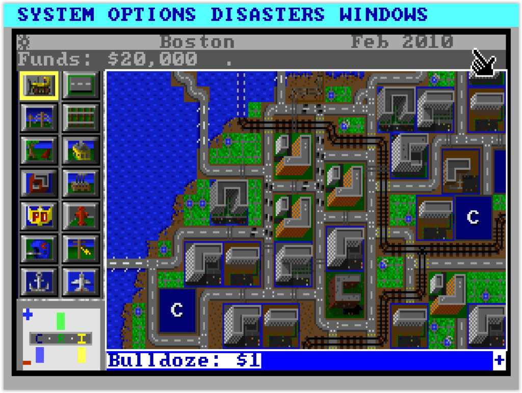 Ville développée dans SimCity sur DOS avec zones, routes et bâtiments de services