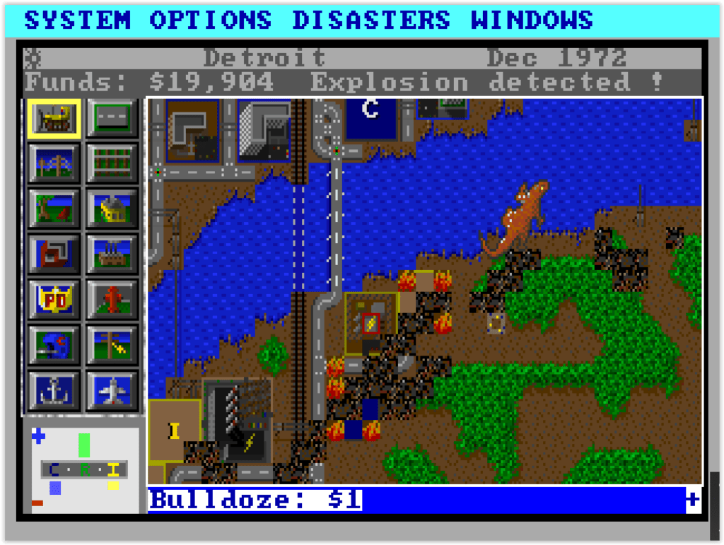 Catastrophe dans SimCity sur DOS avec un monstre qui détruit la ville
