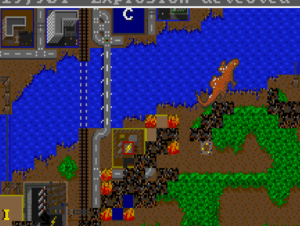 image d'un désastre dans Sim City, un lézard géant rase la ville