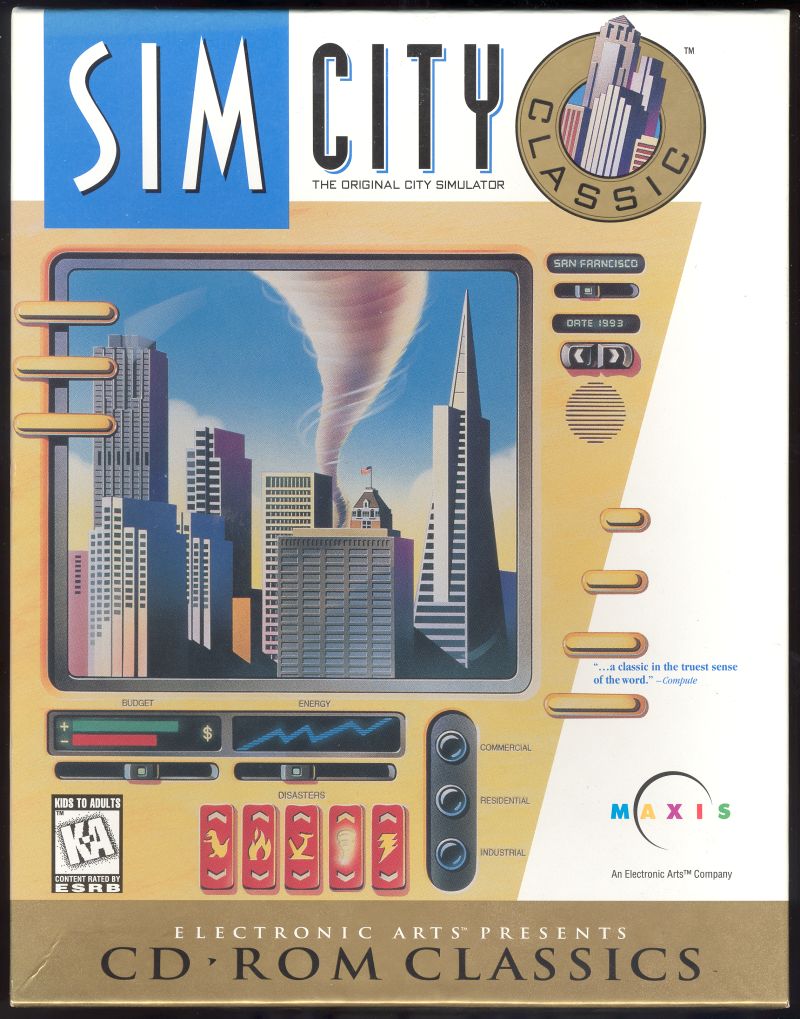 SimCity sur DOS, jeu de gestion urbaine créé par Will Wright et développé par Maxis en 1989