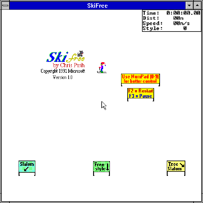 SkiFree sur Windows 3.x, mini-jeu de ski créé par Chris Pirih et publié par Microsoft