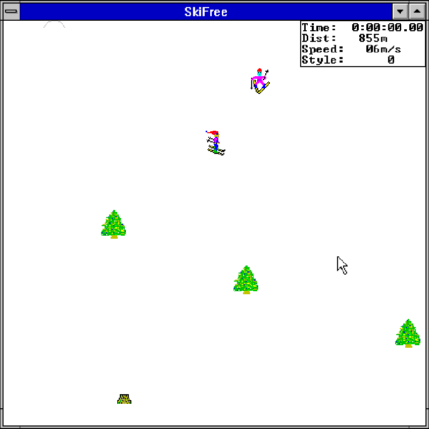 Gameplay de SkiFree sur Windows 3.x avec un skieur entre les arbres