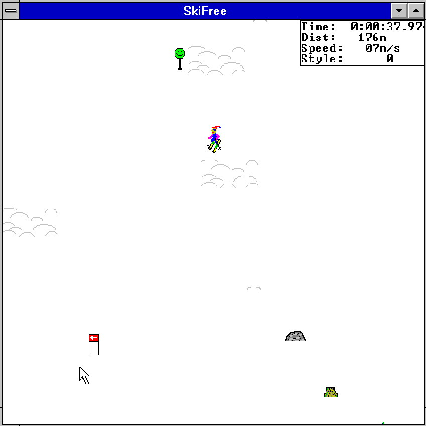 Mode slalom dans SkiFree sur Windows 3.x avec portes et obstacles