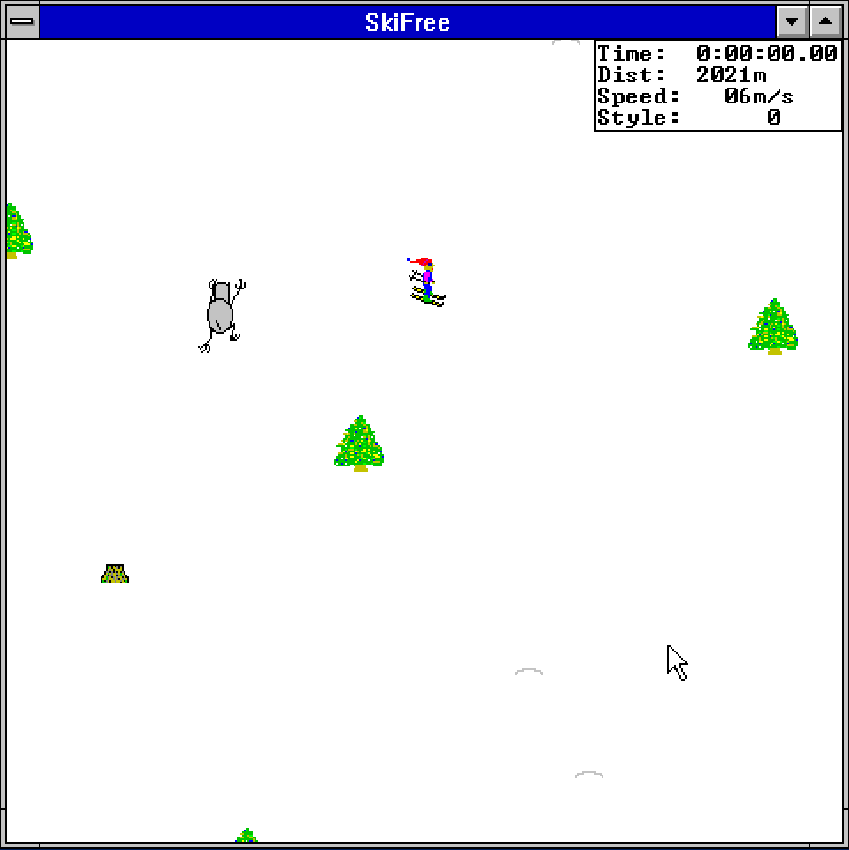Abominable Snow Monster dans SkiFree poursuivant le skieur sur Windows
