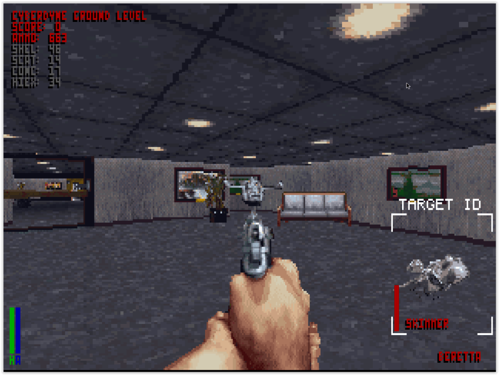 Couloir métallique dans The Terminator Rampage sur DOS avec un ennemi robotique