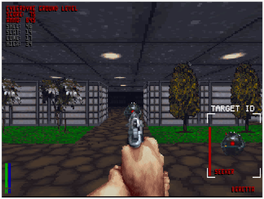 Interface de The Terminator Rampage sur DOS avec arme en vue subjective
