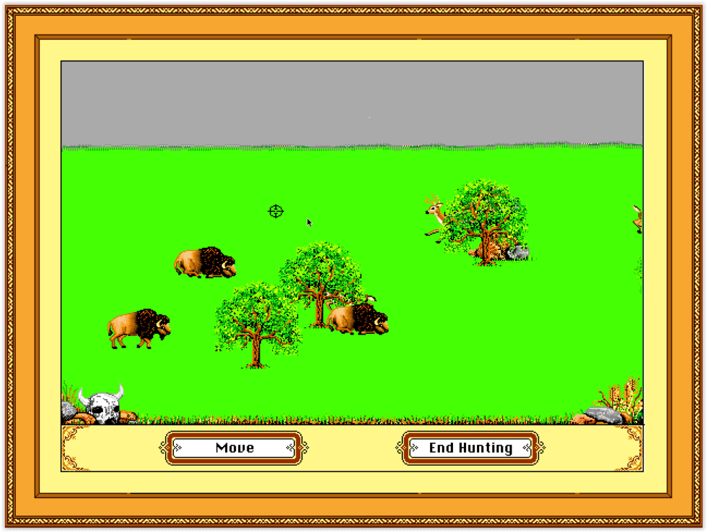 Phase de chasse dans The Oregon Trail sur DOS avec un animal à l'écran