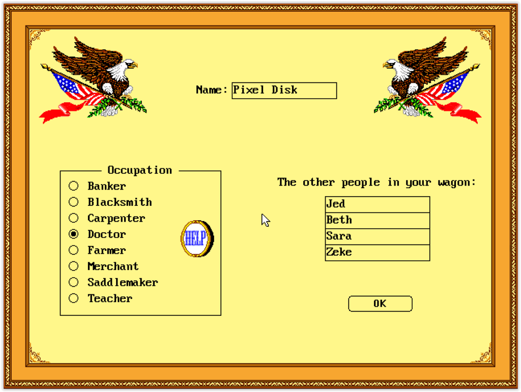Début de partie dans The Oregon Trail sur DOS avec choix du métier et des provisions