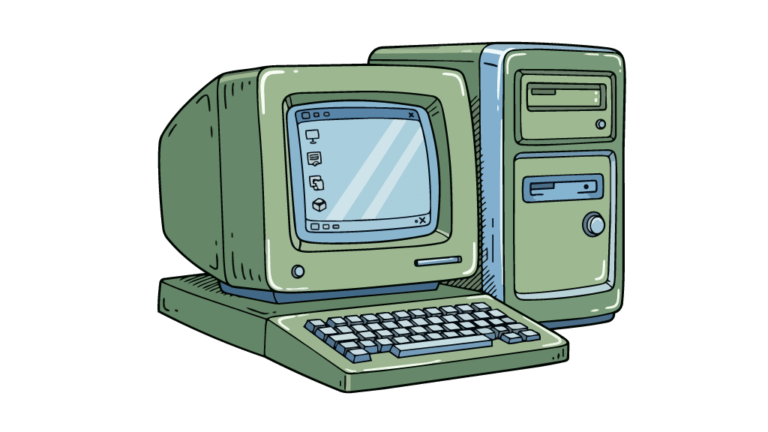 Un vieux PC beige avec un écran cathodique.