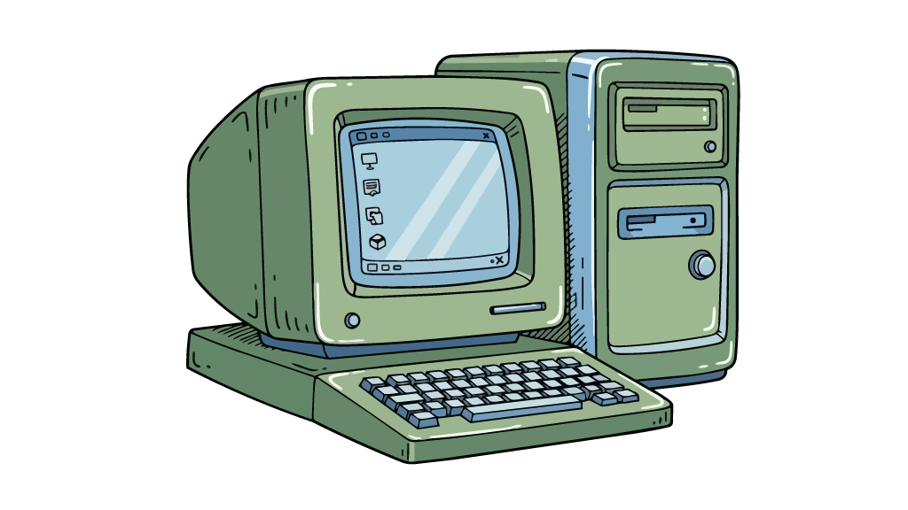 Un vieux PC beige avec un écran cathodique.
