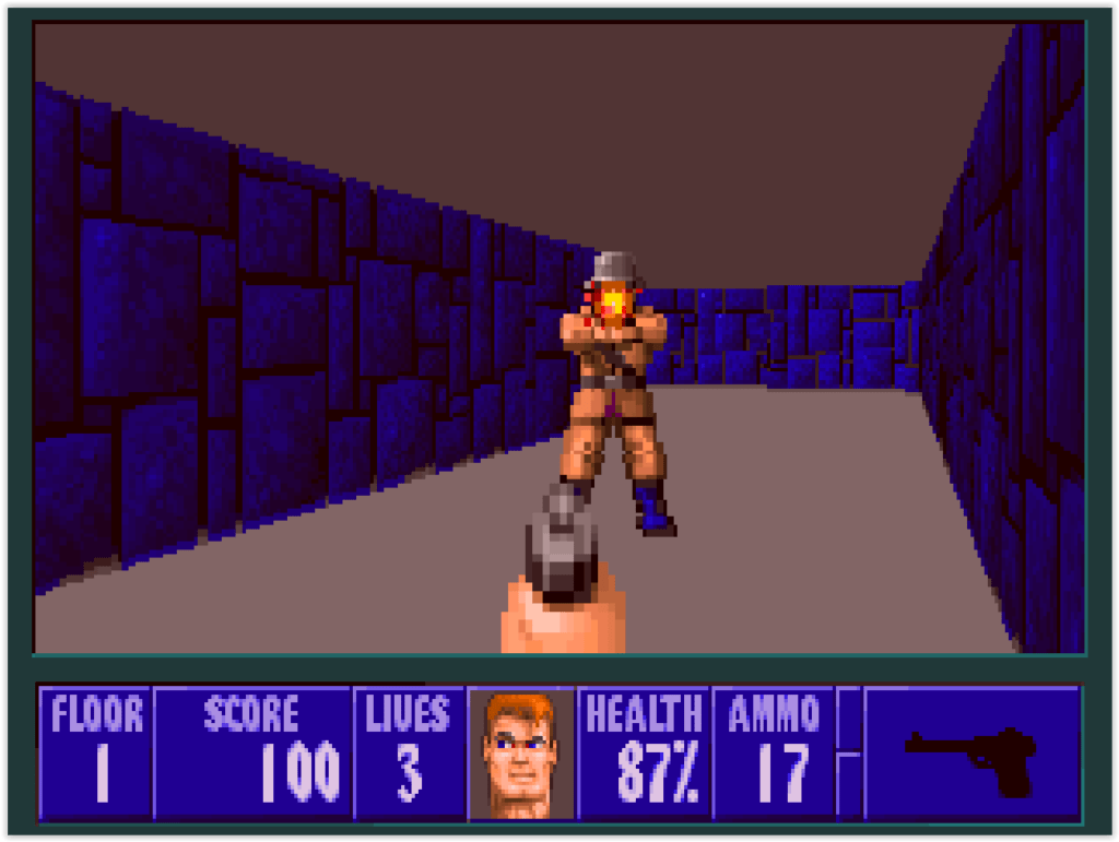 Couloir de Wolfenstein 3D sur DOS avec un garde ennemi