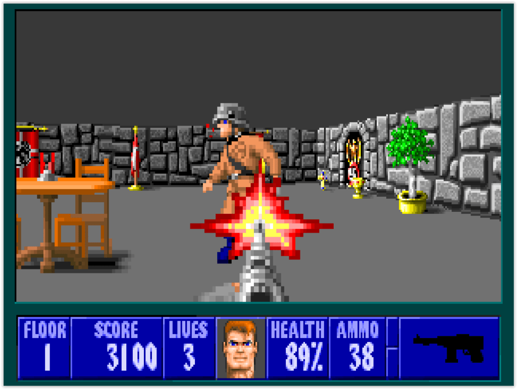 Salle de Wolfenstein 3D sur DOS avec plusieurs ennemis et ambiance de labyrinthe