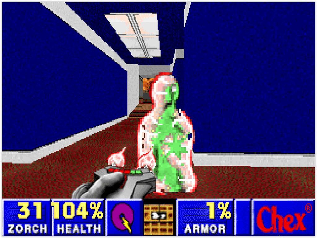 Flemoid dans Chex Quest sur DOS, ennemi gluant du FPS publicitaire.