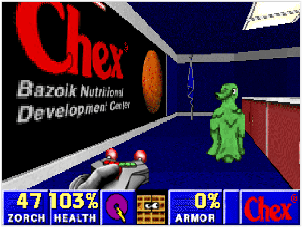 Premier niveau de Chex Quest sur DOS avec un Flemoid et un Zorcher.