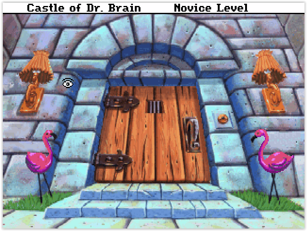 Entrée du château dans The Castle of Dr. Brain sur DOS avec puzzle de mémoire